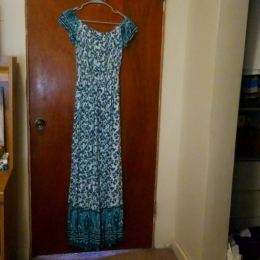 Green and white off the shoulder dress